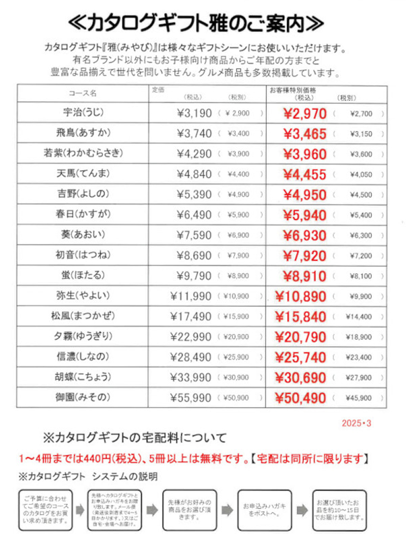 カタログギフト雅のご案内 料金表