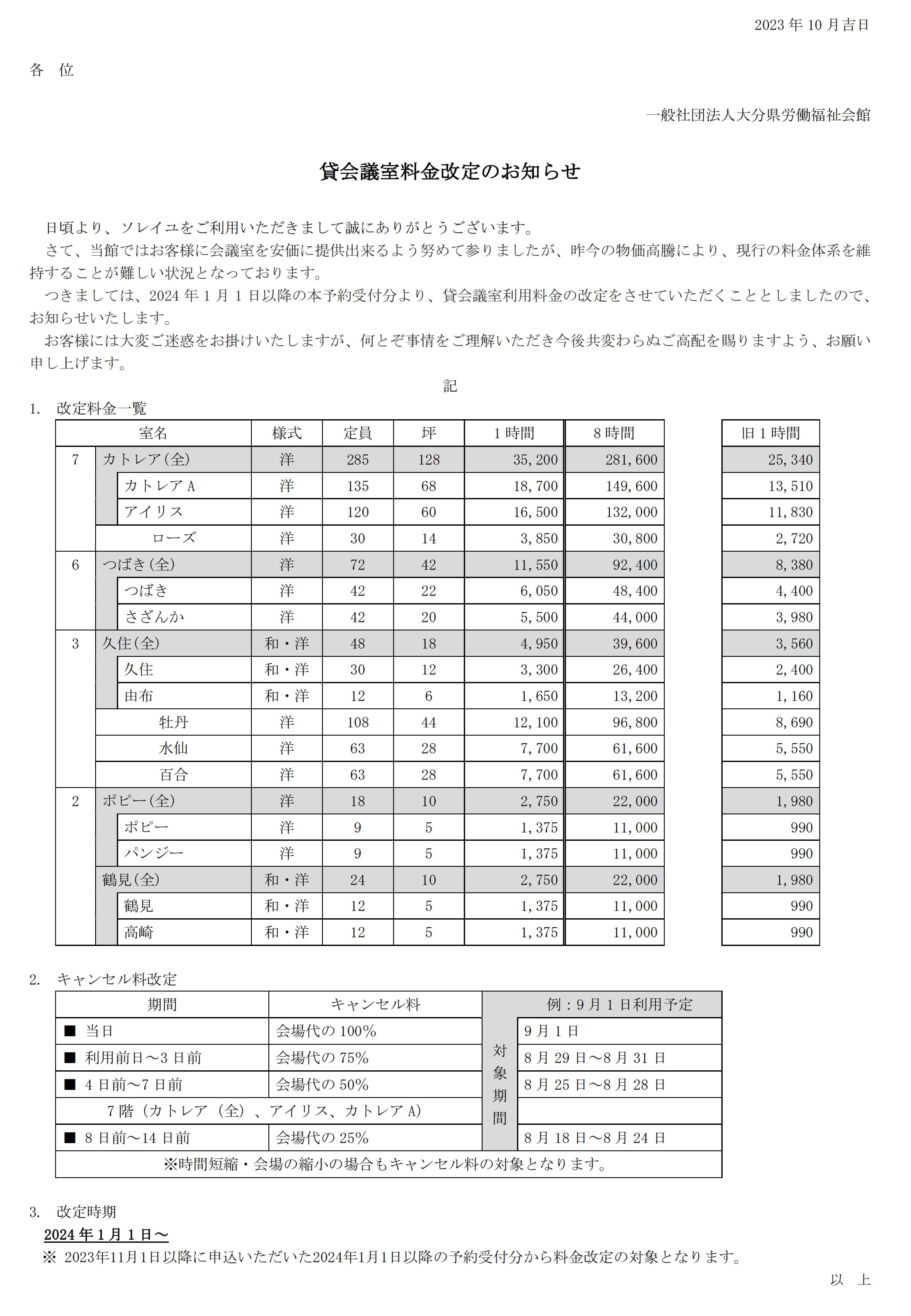 貸会議室料金改定