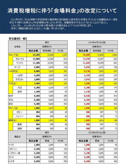 消費税増税に伴う「会場料金」の改定について